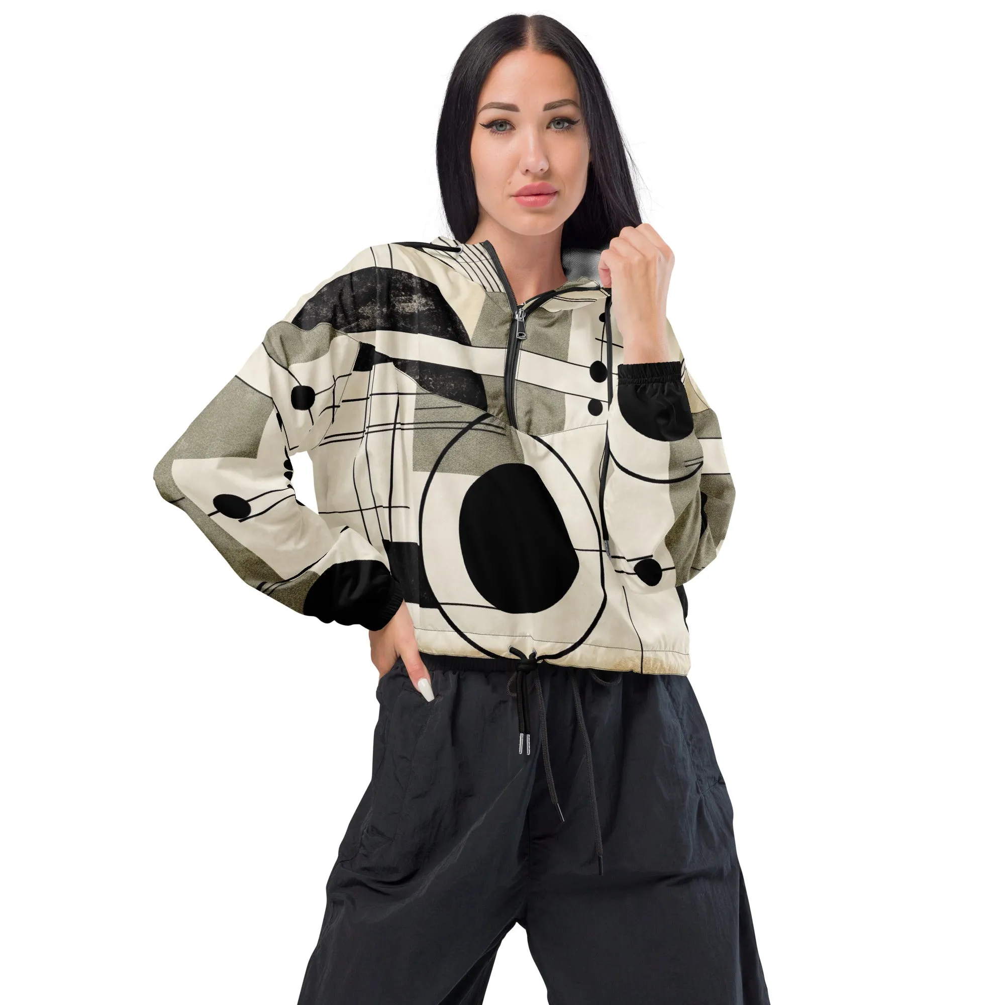 Womens Cropped Windbreaker Jacket, Abstract Black Beige Brown