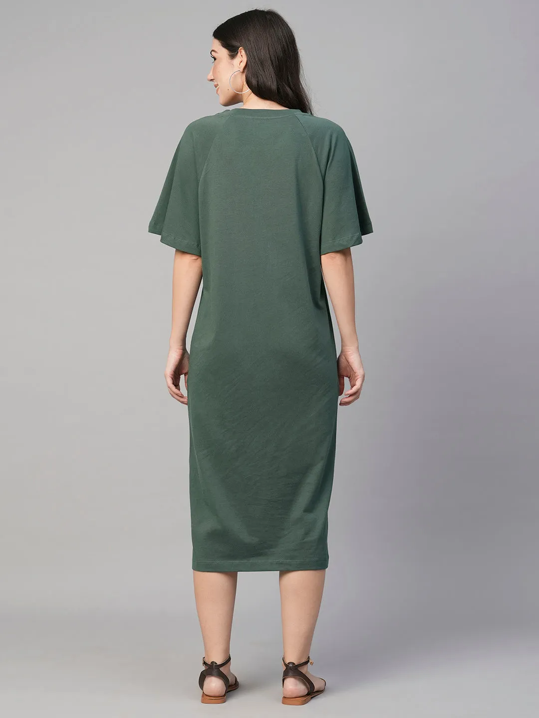 Women's Green Cotton Loose Fit Knit Dress