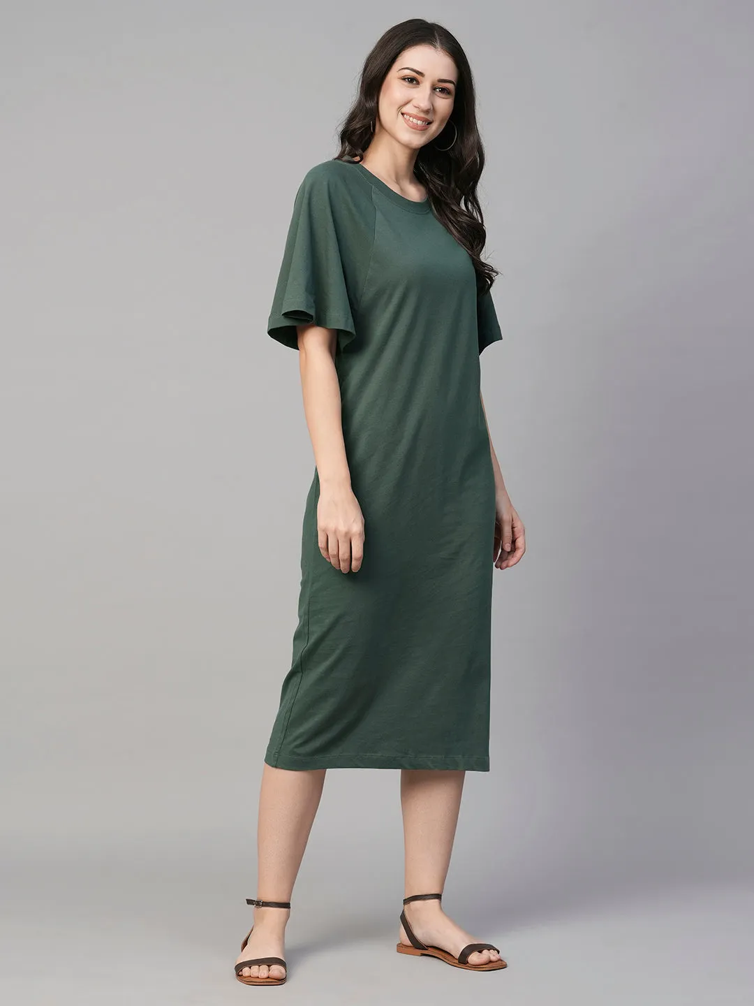 Women's Green Cotton Loose Fit Knit Dress