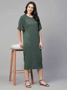 Women's Green Cotton Loose Fit Knit Dress