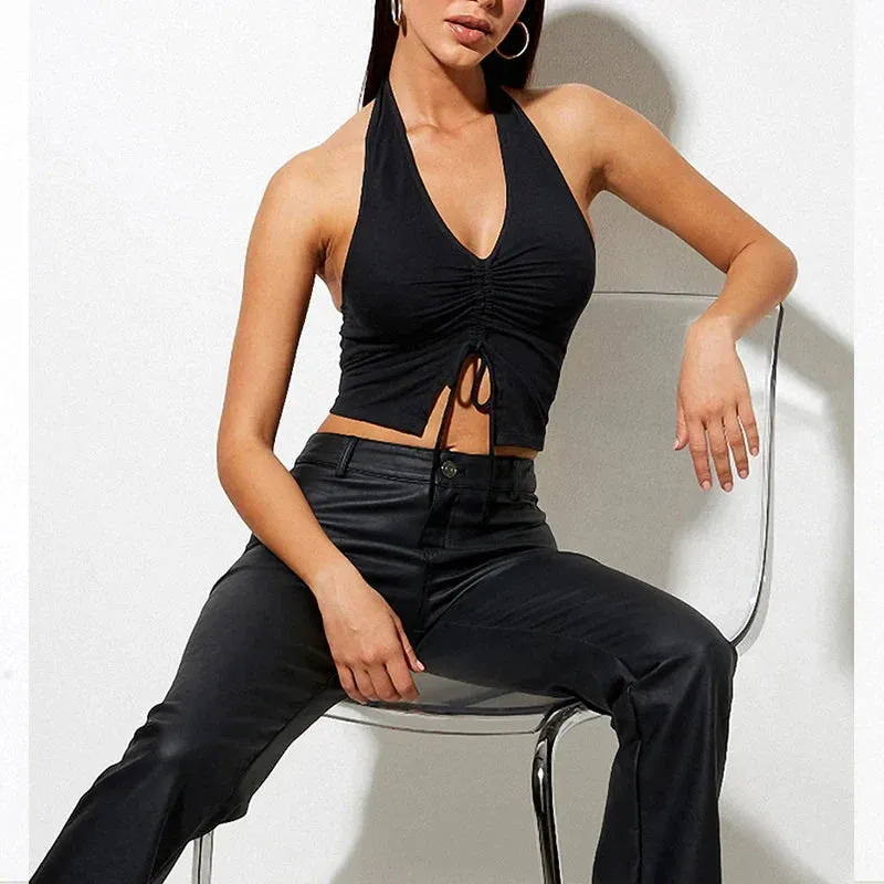 Women's Lace Up Halter Black Sleeveless Drawstring Crop Tank Top