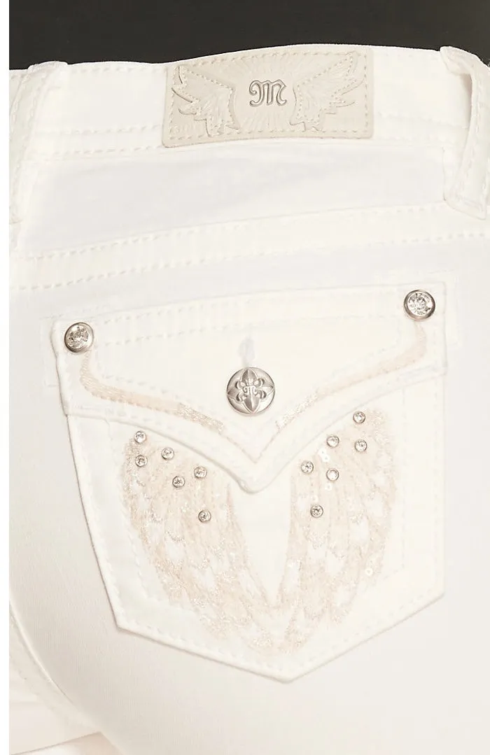 Women's Miss Me White Winged Mid Rise Boot Cut Jean