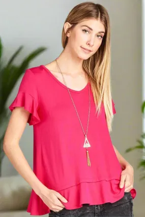 Womens Pink Short Sleeve Top, Flutter Sleeve Shirt, Ruffle Hem Shirt, Sizes S/M/L, Solid Pink