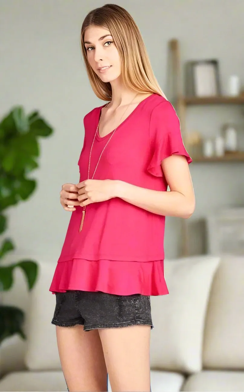 Womens Pink Short Sleeve Top, Flutter Sleeve Shirt, Ruffle Hem Shirt, Sizes S/M/L, Solid Pink