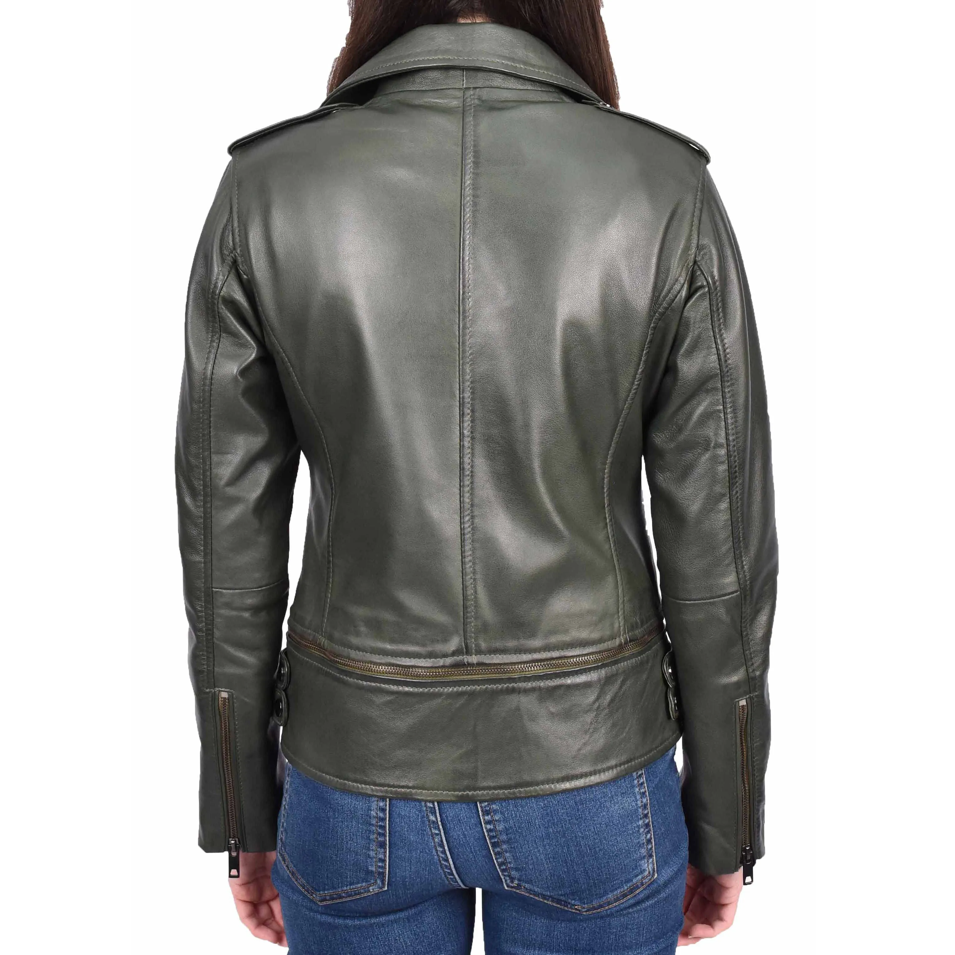 Womens Real Leather Jackets 2 in 1 Style Biker Bolero Zip Off Design Arden Olive Green