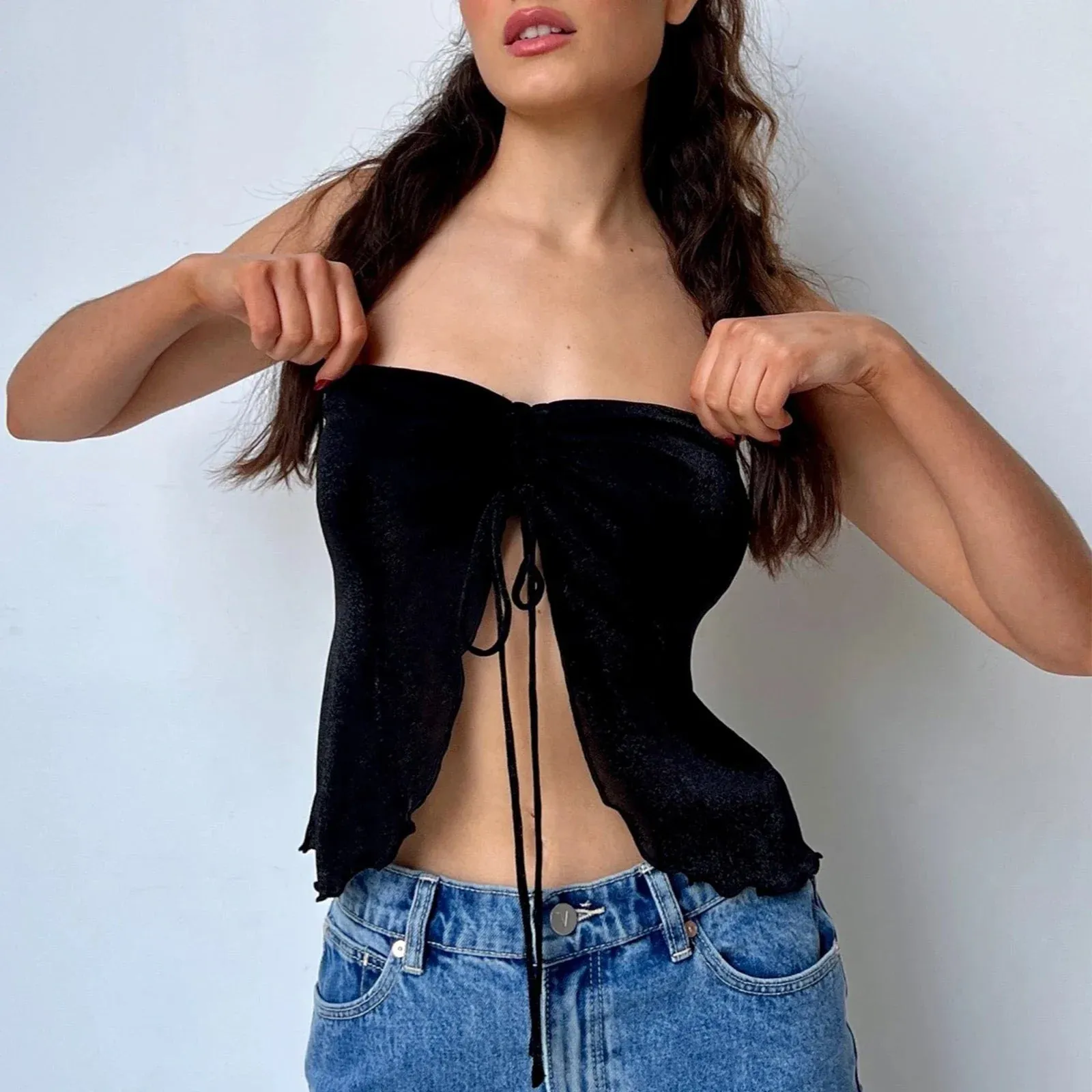 Women's Ruffle Corset Solid Color Off Shoulder Tie Up Bandeau Summer Going Out Streetwear Tank Y2k Top