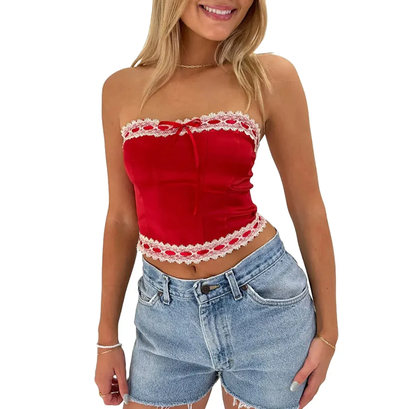 Women's Satin Slim Tube Tops Lace Trim Bow Front Bandeau Show Navel Tank Y2K Top