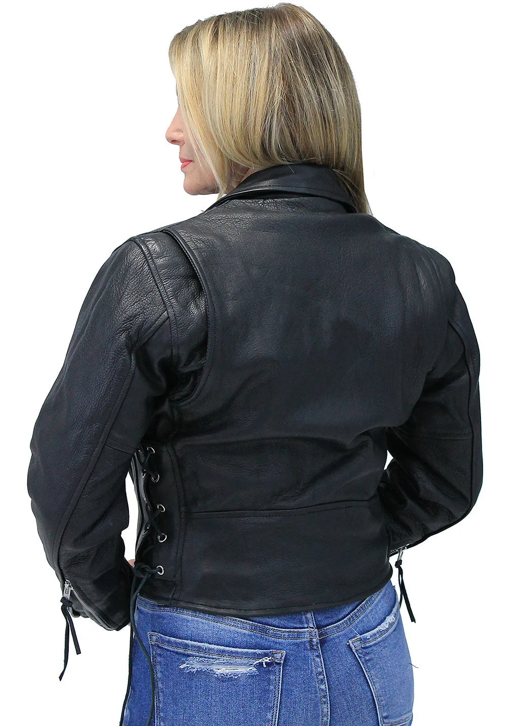 Women's Side Lace Crop Ultra Premium Leather Motorcycle Jacket #L350K ()