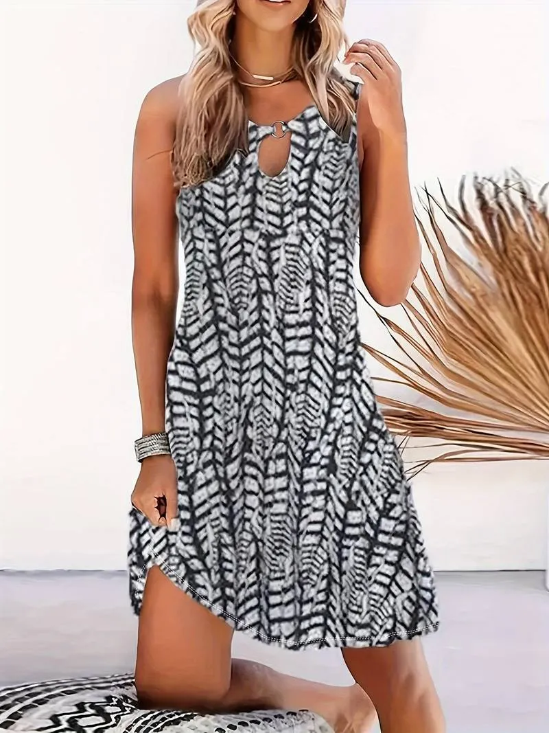 Xandra - Color Block Printing Keyhole Dress