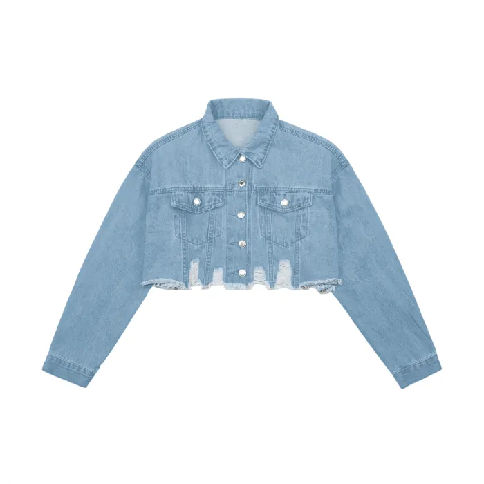 Yeah Whatever Women's Crop Raw Hem Denim Jacket