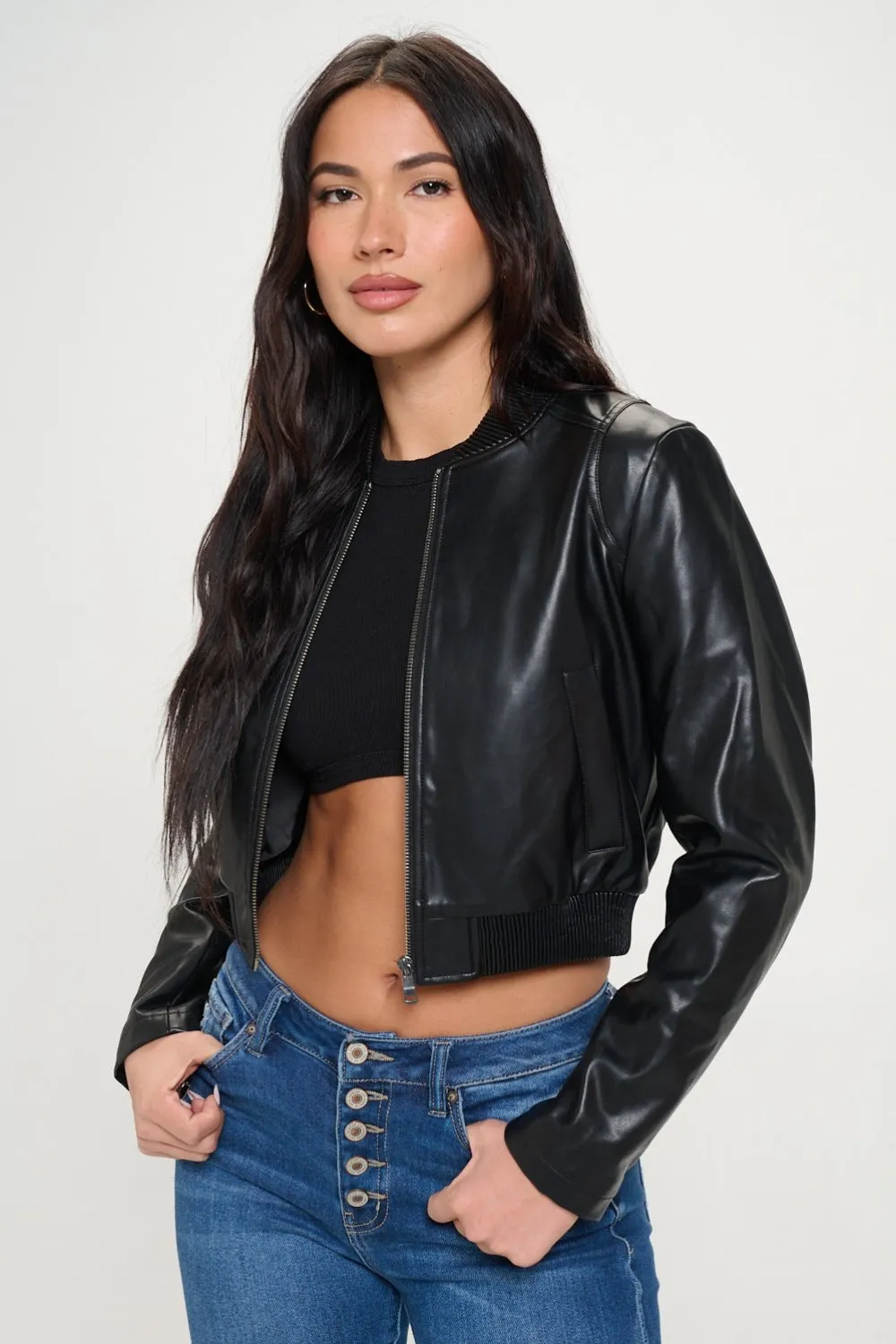 Zip Up Cropped Bomber Jacket